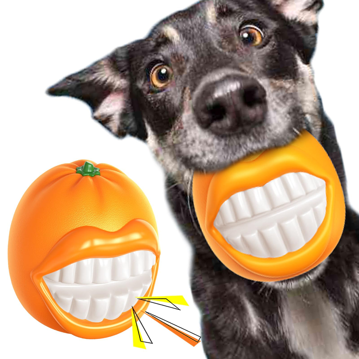 TLKNG Pelota naranja con chirrido, vista frontal, ideal para llamar la atención y estimular el juego.
