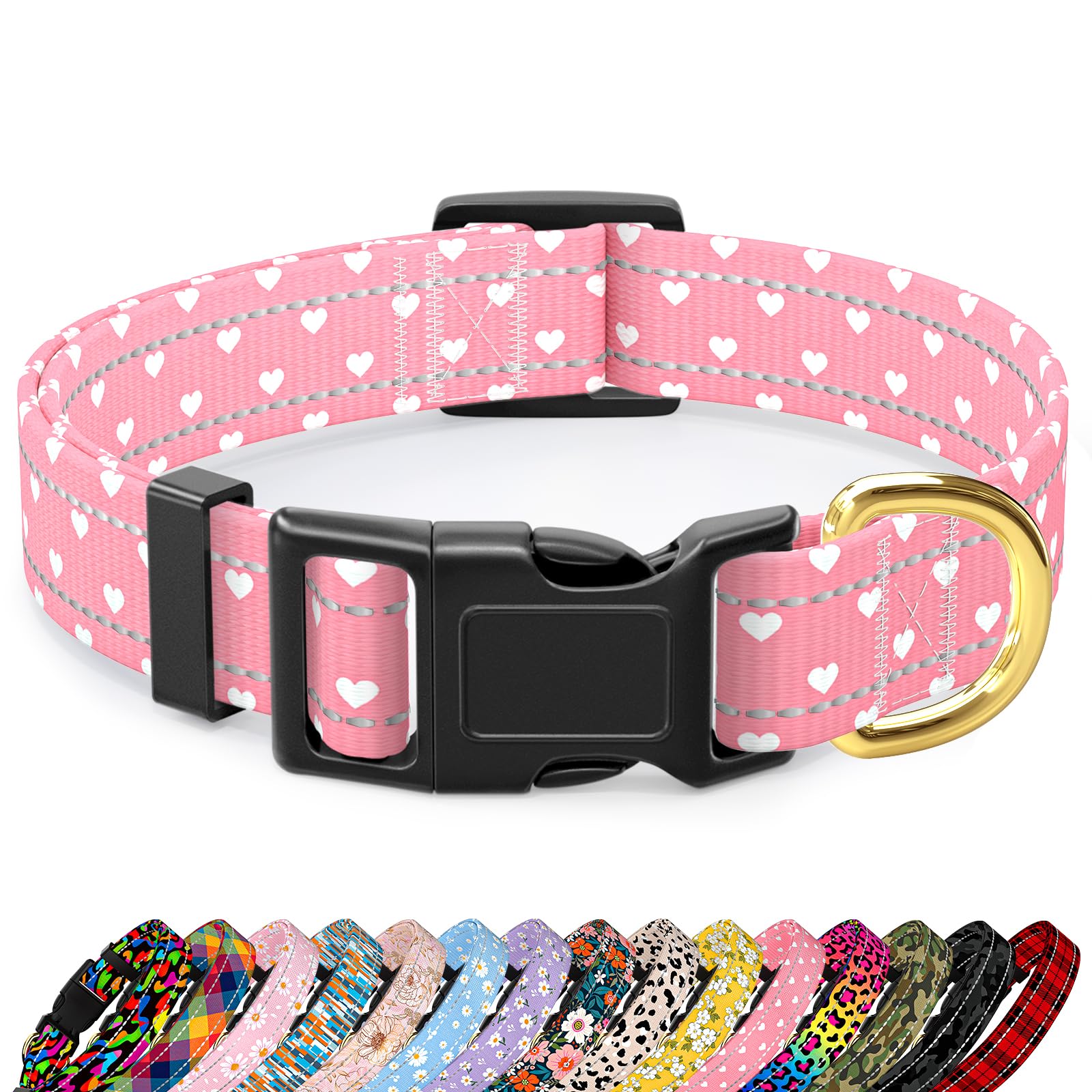 TMOODEL collar reflectante para perro grande con corazones rosados, mayor visibilidad nocturna.