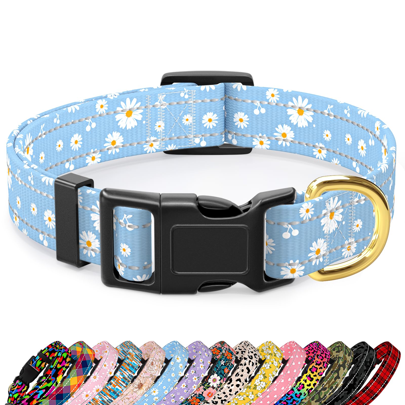 TMOODEL collar reflectante para perros grandes con Daisy azul, seguridad nocturna.
