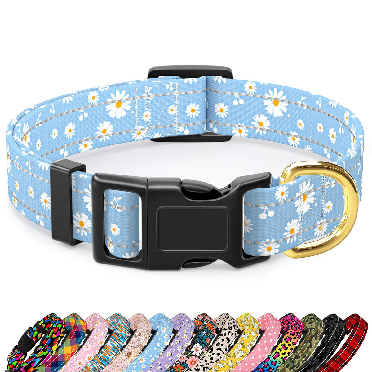 TMOODEL collar reflectante para perros grandes con Daisy azul, seguridad nocturna.