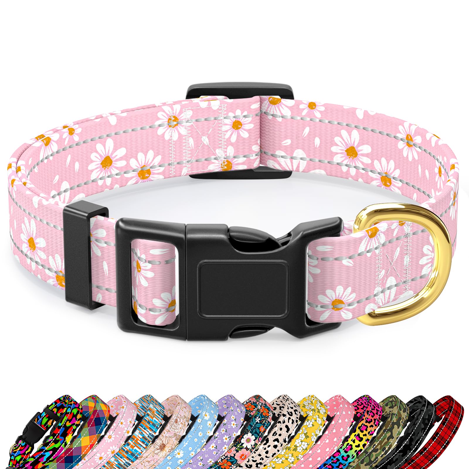 Collar reflectante TMOODEL para perros grandes con Daisy rosa, alta visibilidad nocturna.