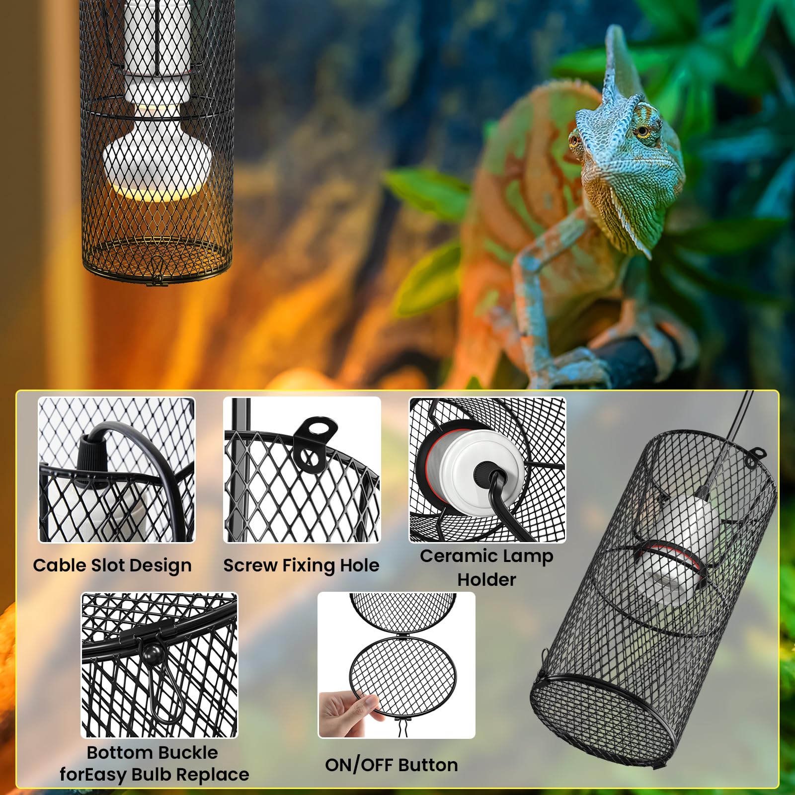 Protector Tobebright con malla para lámpara de calor, evita quemaduras en terrarios.