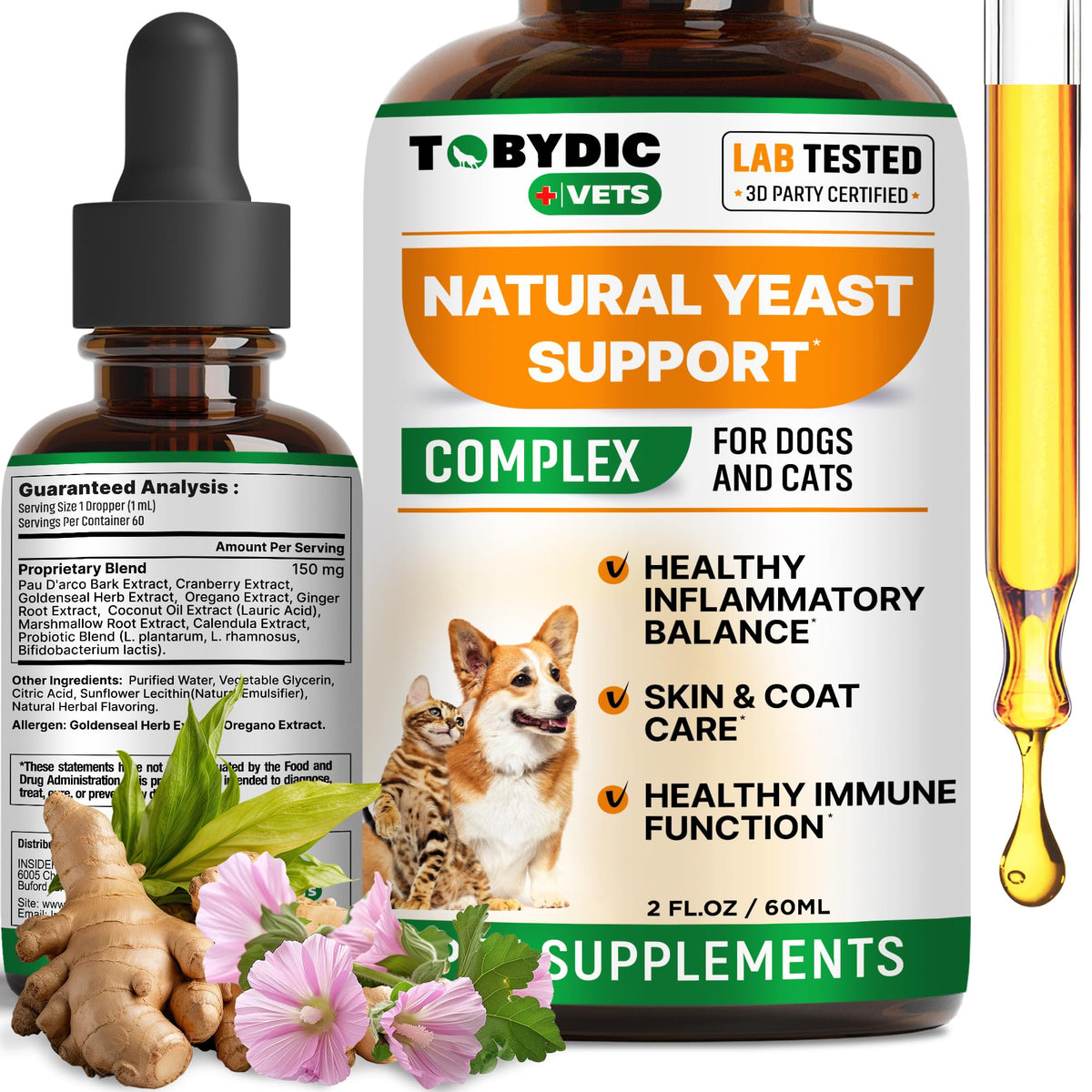 TOBYDIC Drops botella: tratamiento herbal suave para levadura en mascotas.
