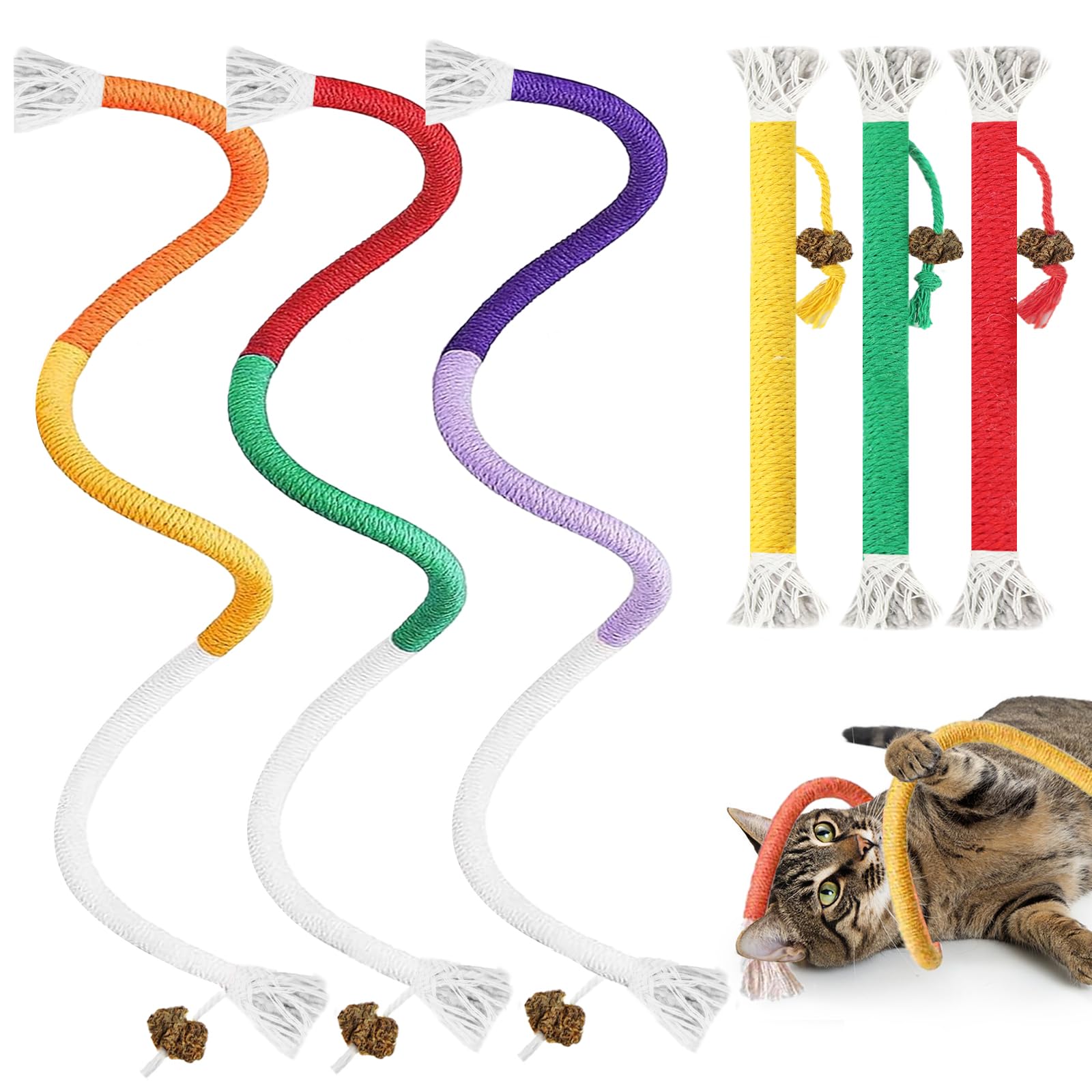 Tocirelo cuerda masticable para gatos, ideal para redirigir mordidas y entretener.