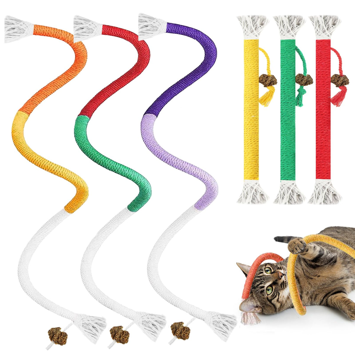 Tocirelo cuerda masticable para gatos, ideal para redirigir mordidas y entretener.