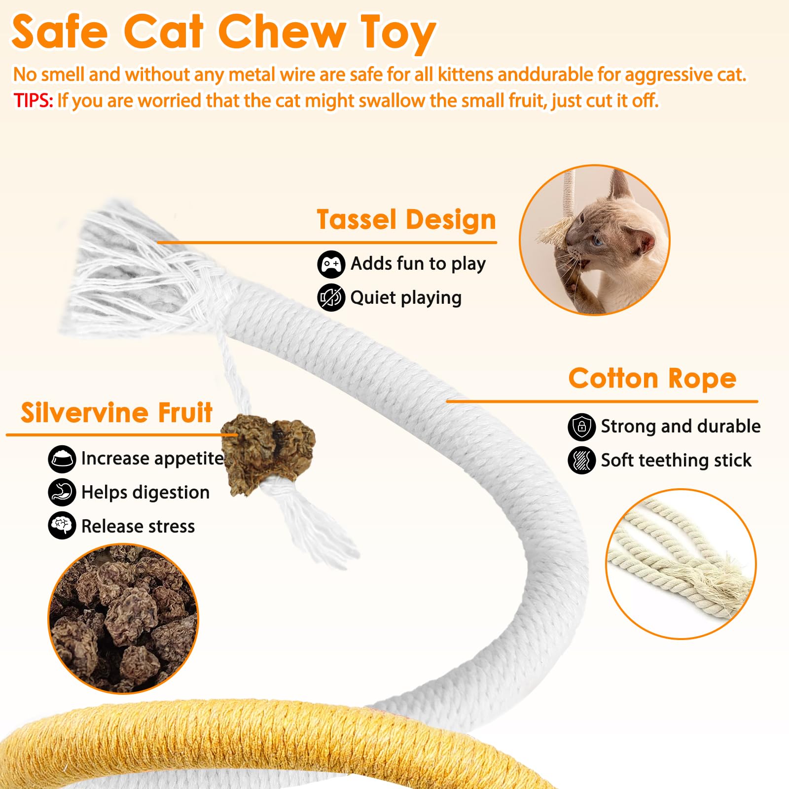 Tocirelo juguete de dentición para gatos, acompaña el crecimiento dental sin cables ni metal.