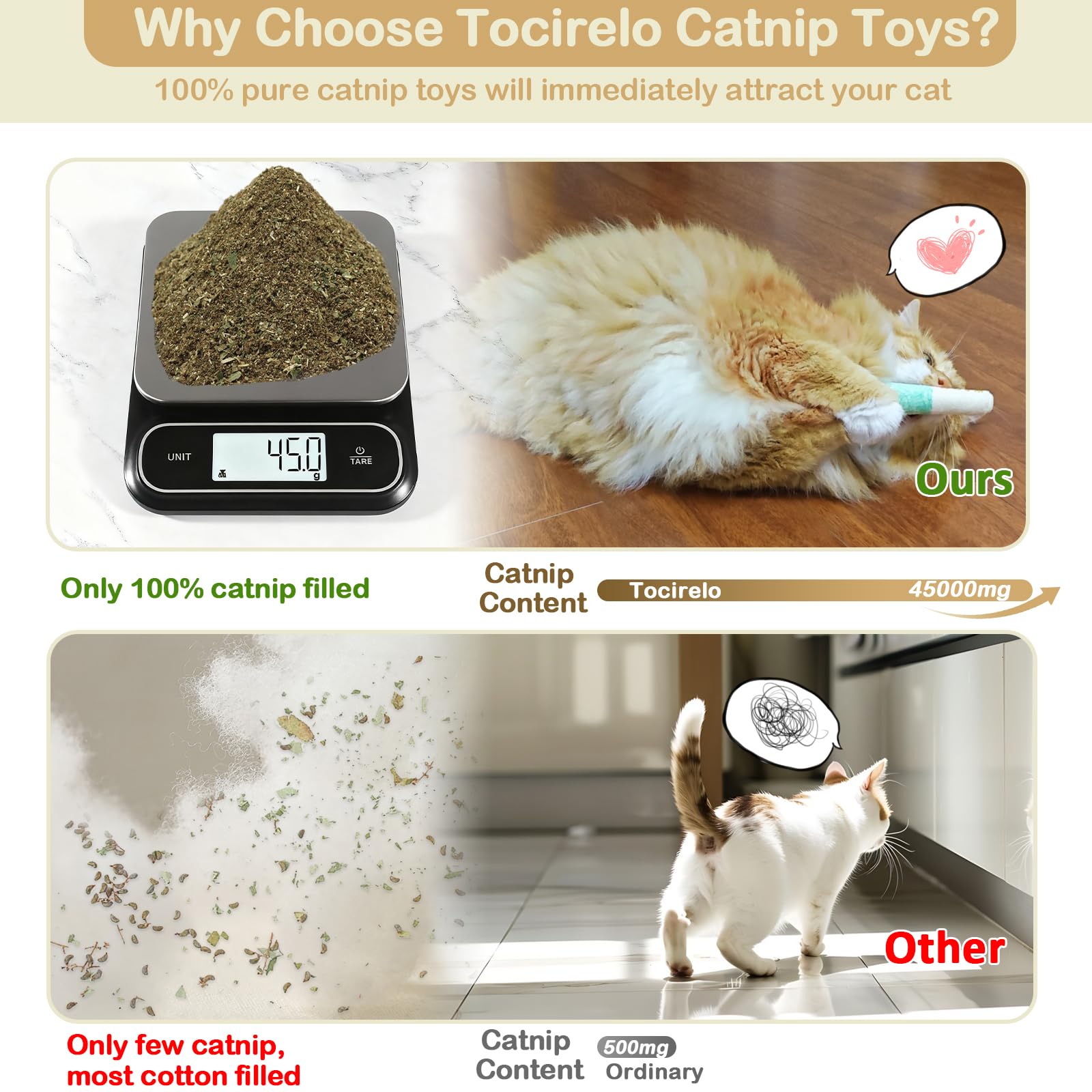 Tocirelo juguetes catnip pack lateral, conjunto de tres juguetes duraderos