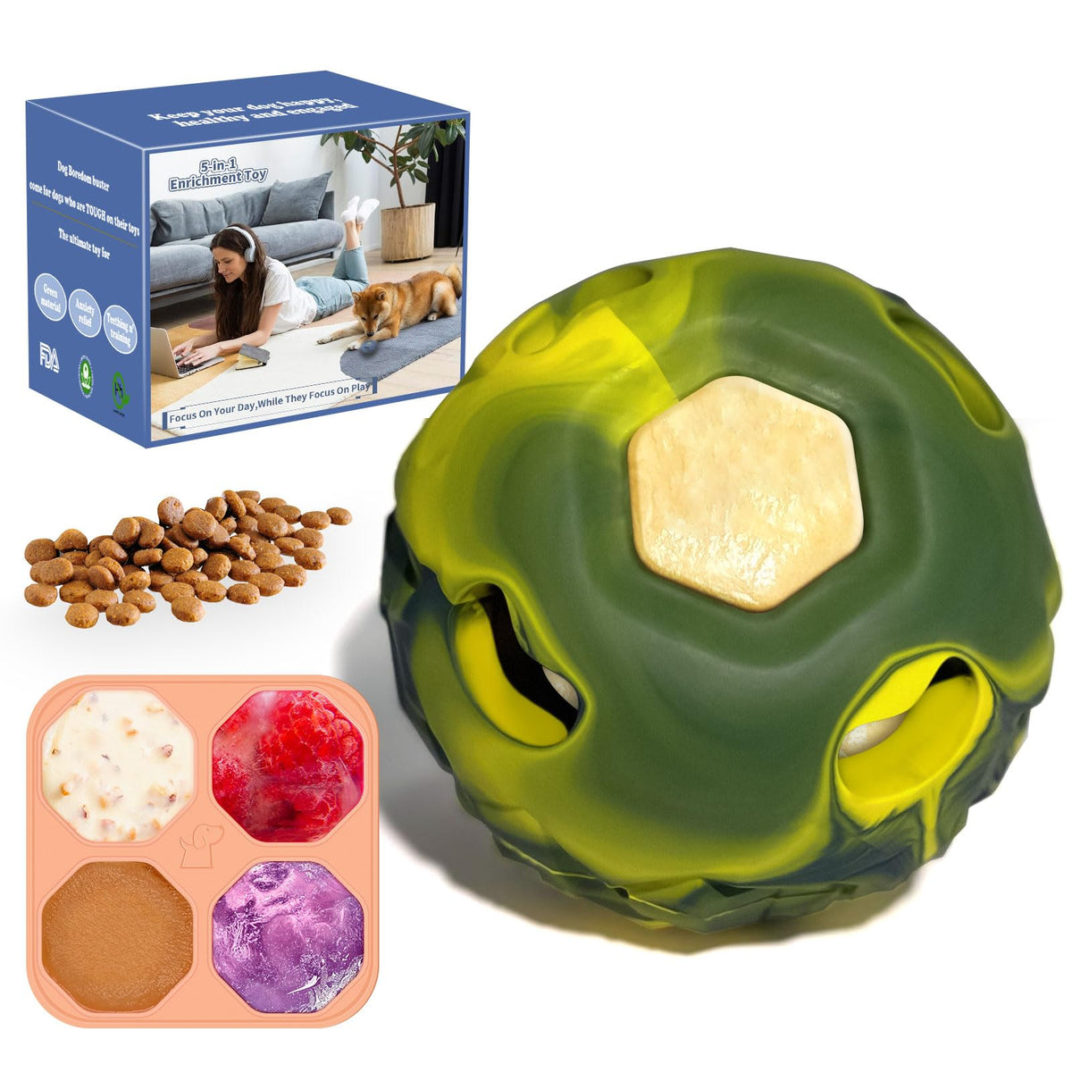 Tokwidget bola de enriquecimiento congelable verde, promueve juego interactivo y masticación prolongada.