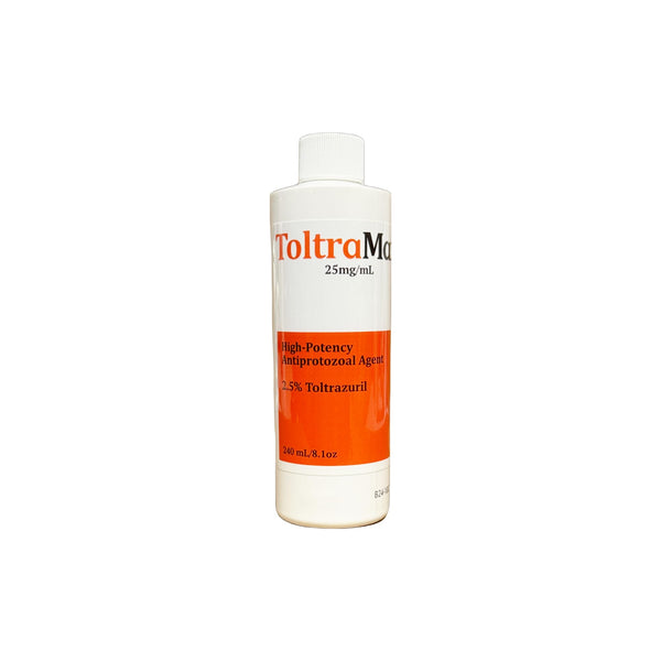 ToltraMax Toltrazuril 2.5% en botella de 240 ml para caballos, perros y gatos.