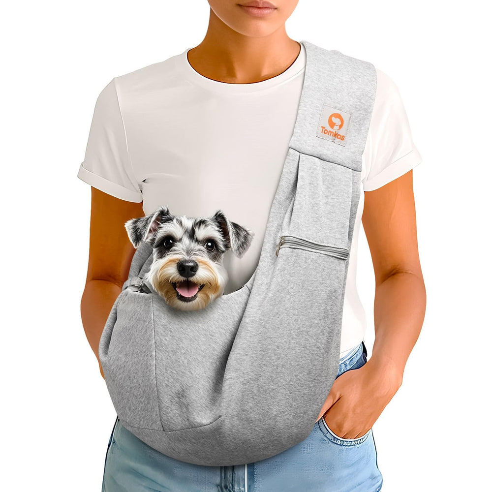 Tomkas canguro para perro pequeño gris, vista general cómoda para paseos.