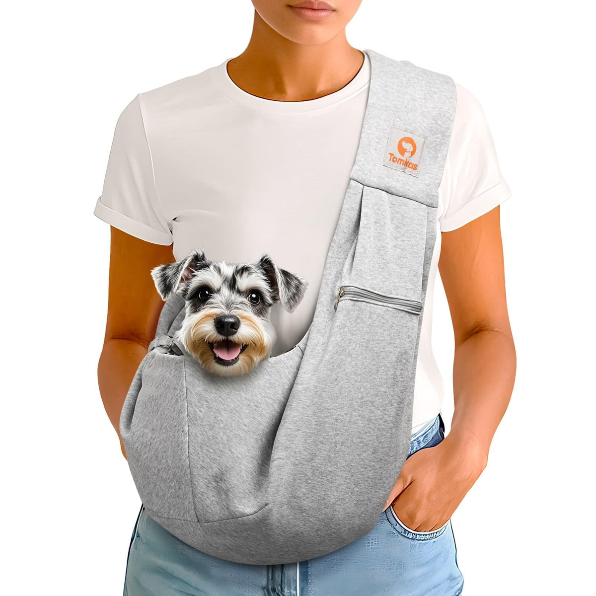Tomkas canguro para perro pequeño gris, vista general cómoda para paseos.