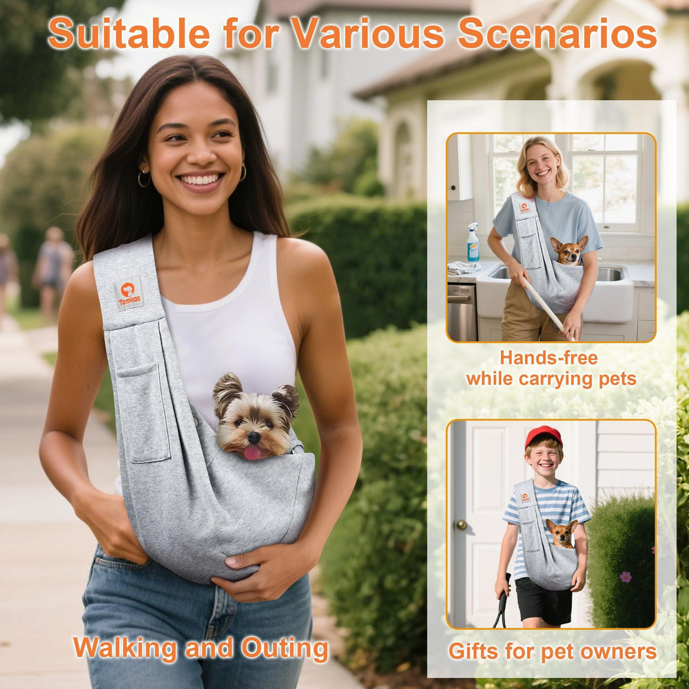 TOMKAS Sling apertura amplia para colocar a la mascota de forma segura.