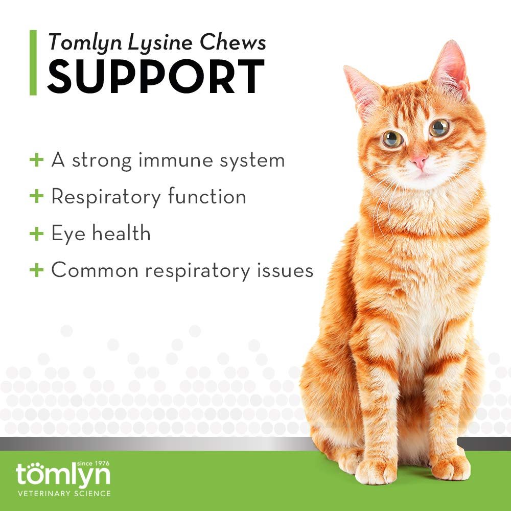 Tomlyn lisina para gatos, masticables con sabor a pescado, fáciles de administrar.