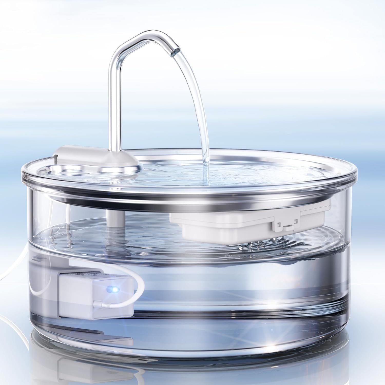 Tomxcute fuente para gatos de cristal, vista frontal, flujo de agua visible para beber.