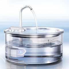 Tomxcute fuente para gatos de cristal, vista frontal, flujo de agua visible para beber.