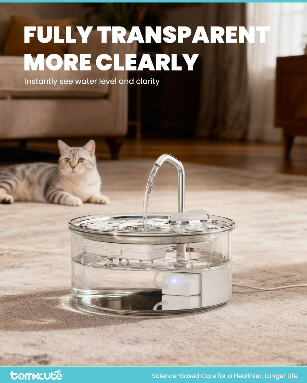 Tomxcute fuente para gatos de cristal, vista lateral, diseño elegante para el hogar.