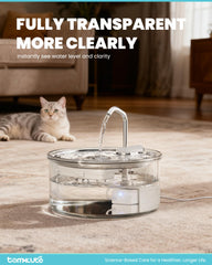 Tomxcute fuente para gatos de cristal, vista lateral, diseño elegante para el hogar.