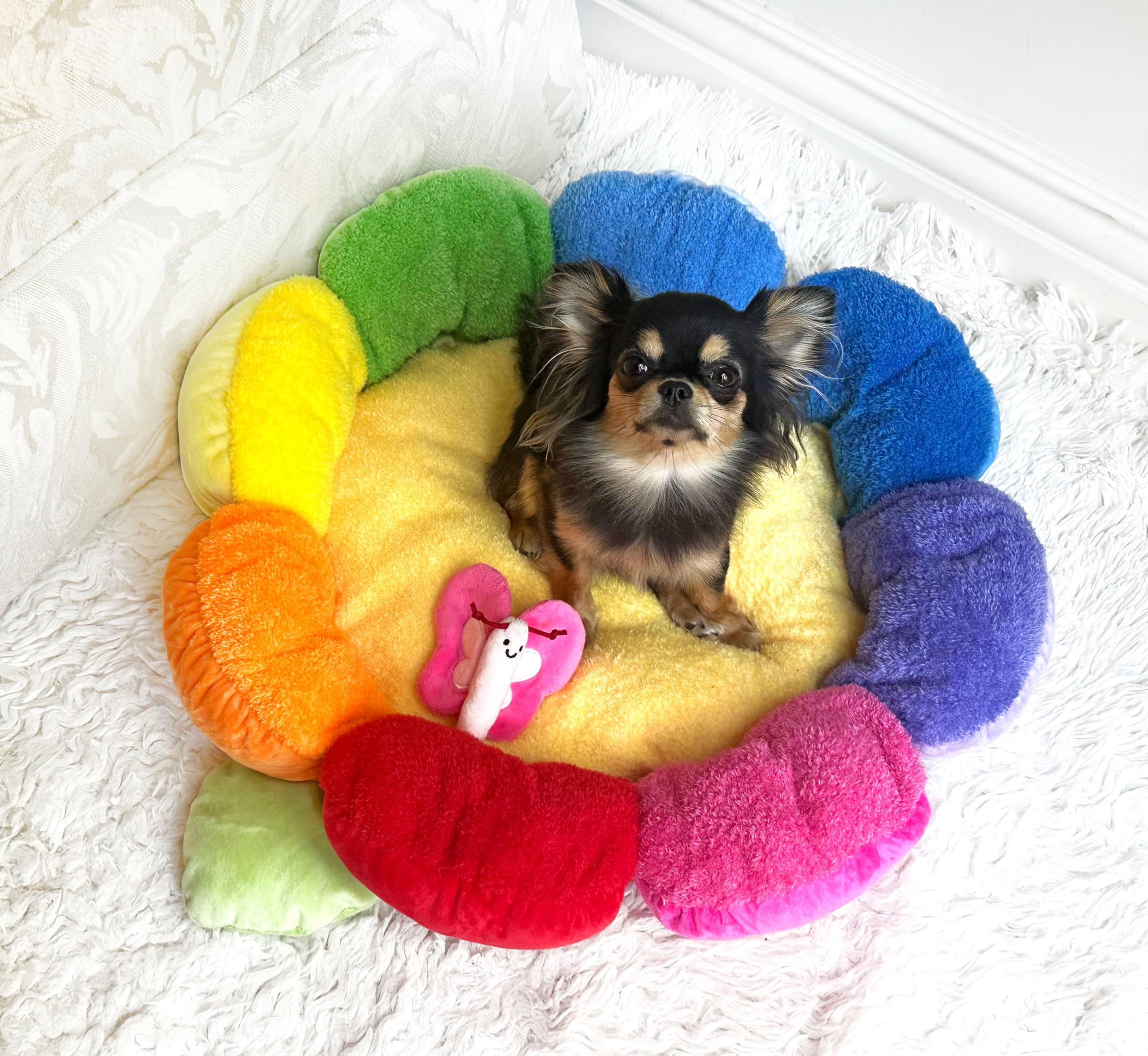 TONBO cama perro plush flor arcoiris entrada facil para perros seniors