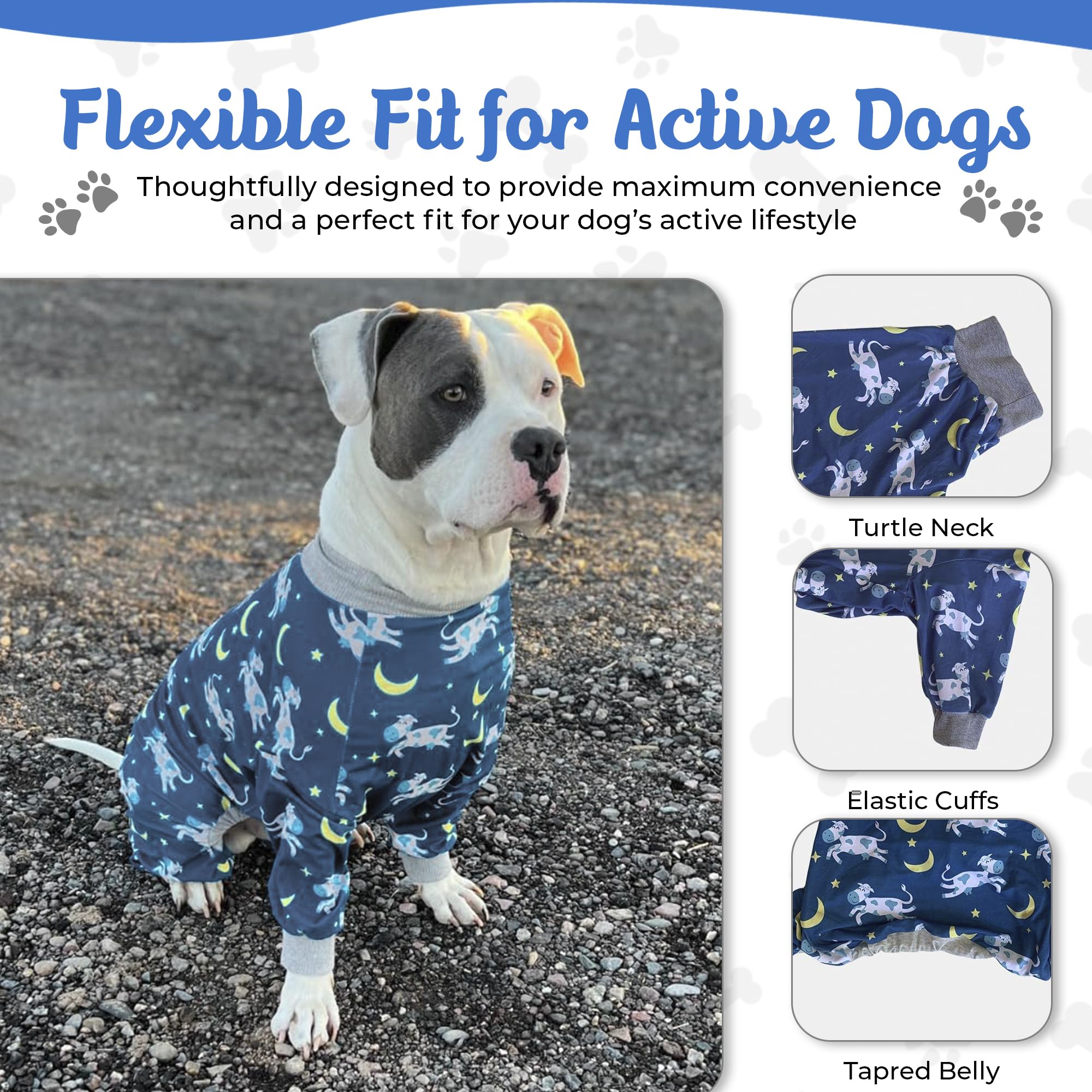Tooth & Honey pijama pitbull estampado vaca luna estrella, ajuste cómodo para paseos invernales.