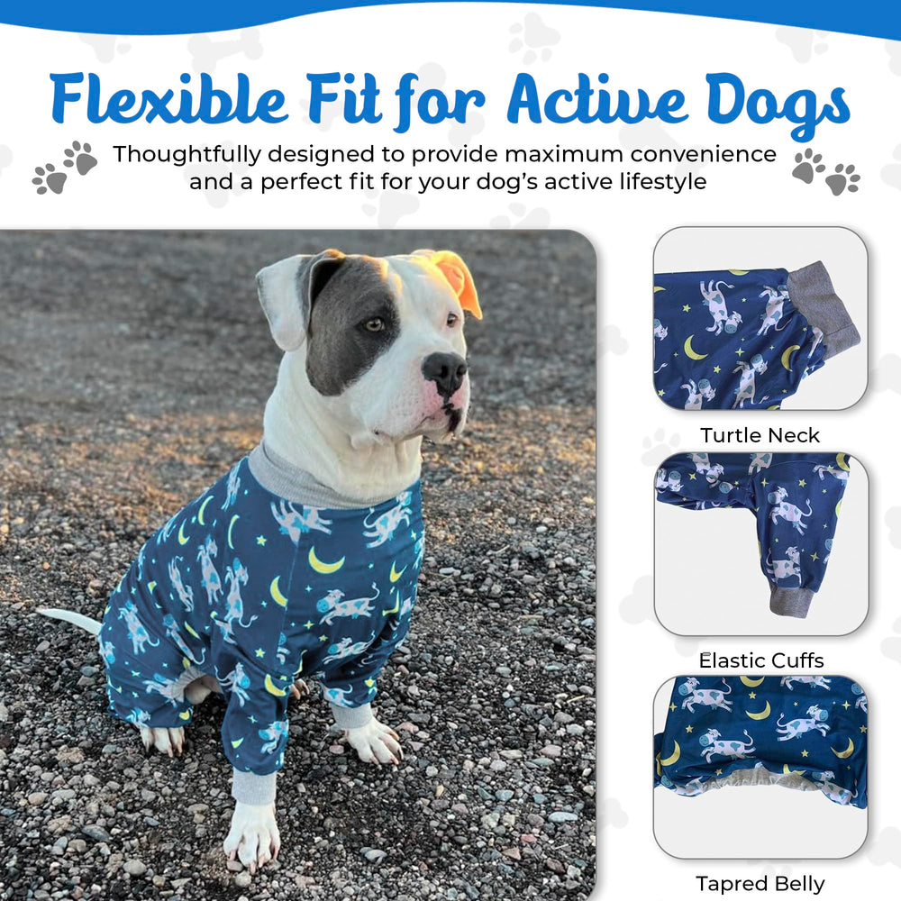 Tooth & Honey pijama pitbull estampado vaca luna estrella, ajuste cómodo para paseos invernales.