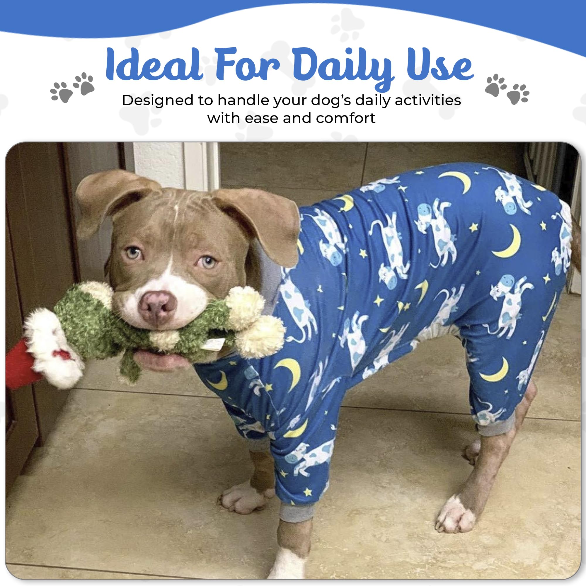 Tooth & Honey Pit Bull pijamas con impresión vaca-luna-estrella, entrada fácil para ponérselas.
