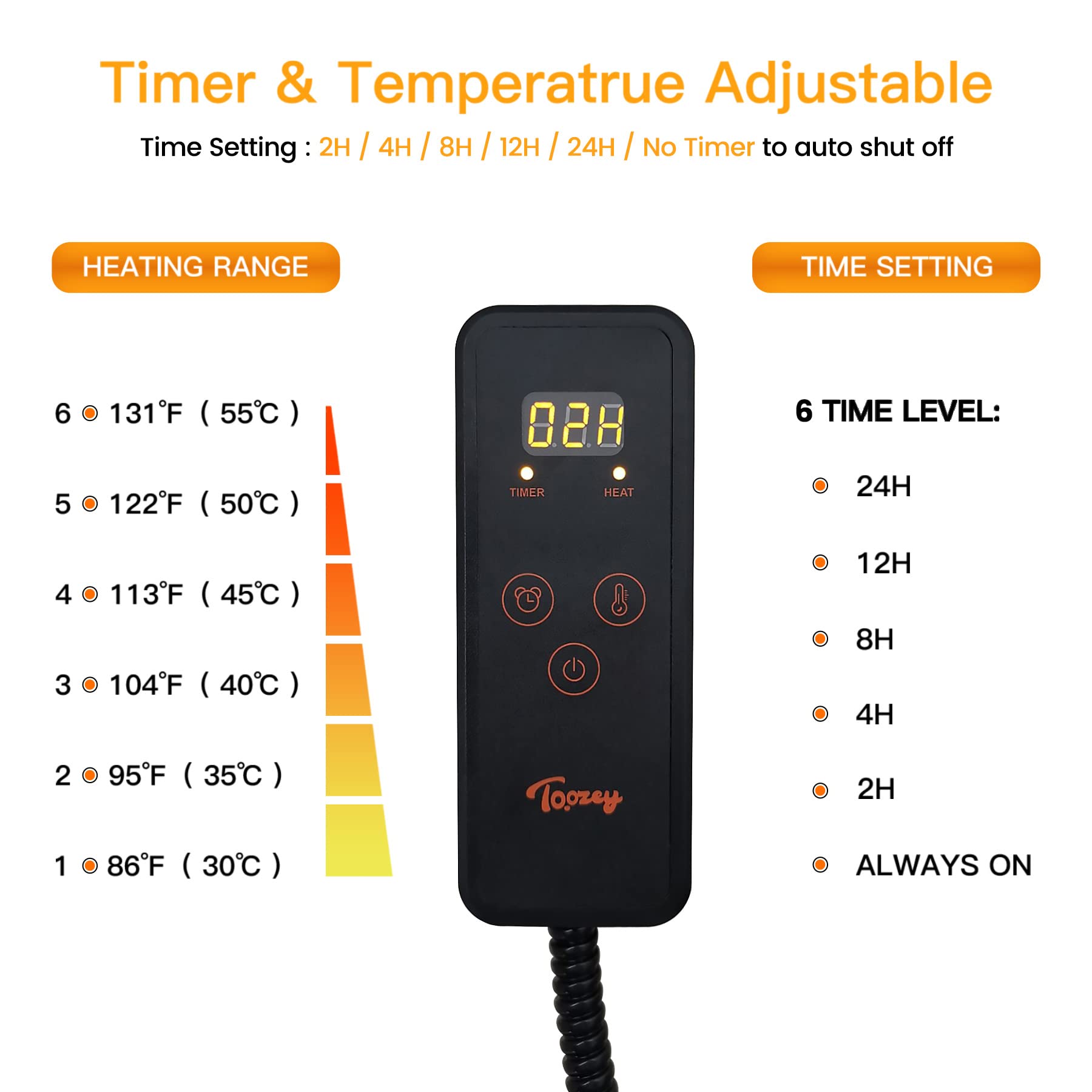 Toozey temporizador 2-24 h, desconexión automática para ahorro energético.