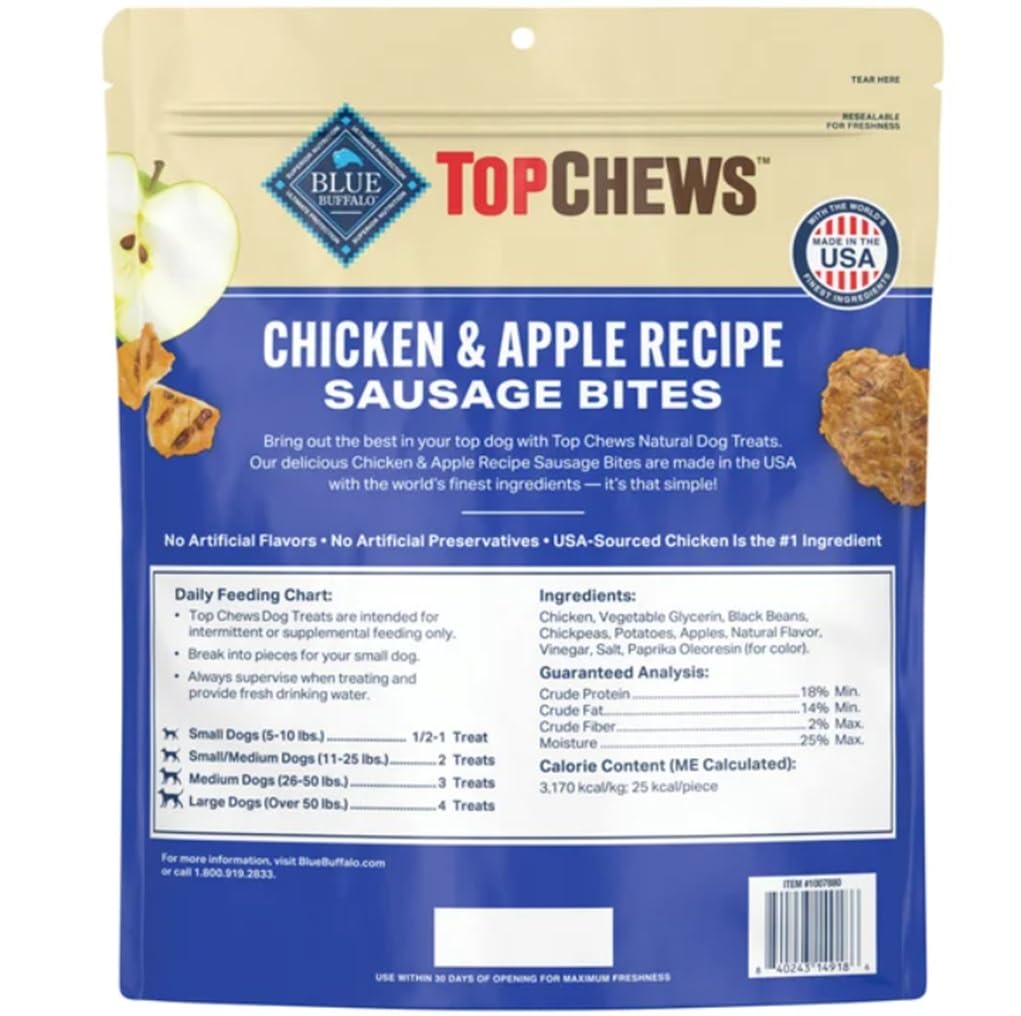 Top Chews Pollo y Manzana Receta, etiqueta del producto, ideal para premiar sin aditivos
