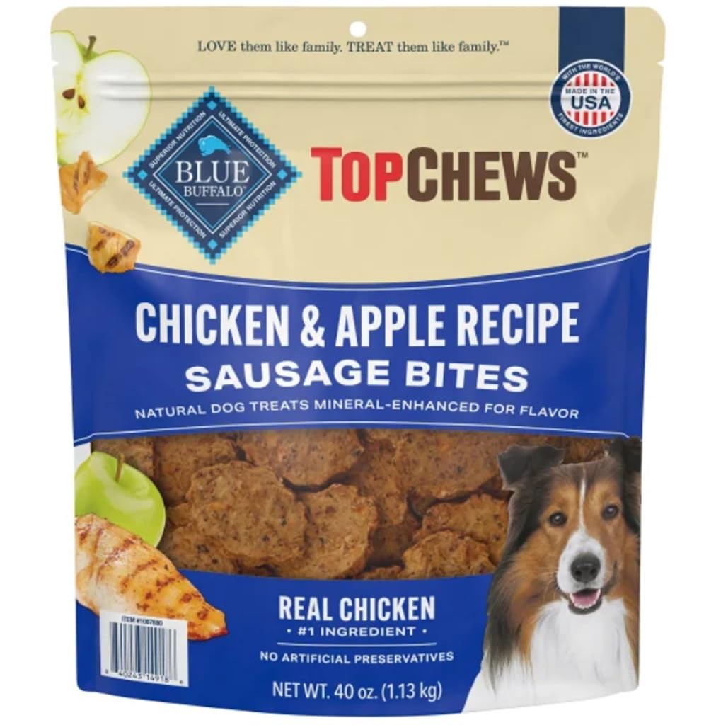 Top Chews Pollo y Manzana Receta, imagen frontal del envase, snack natural para perros