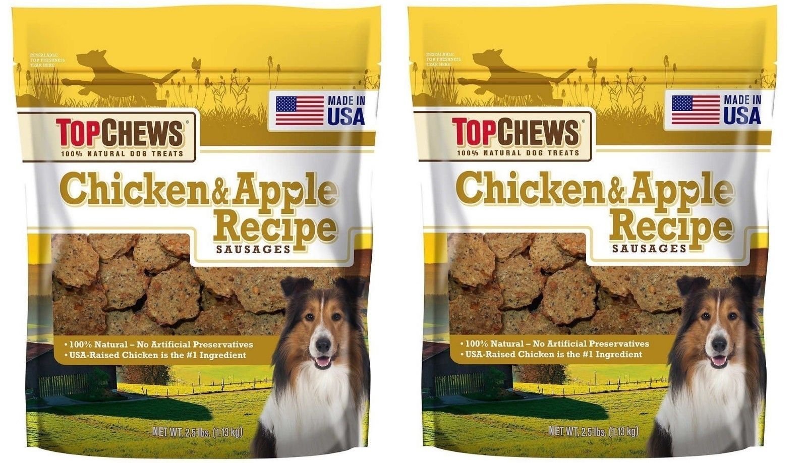 Top Chews salchichas de pollo y manzana, sabor natural para perros activos y felices.
