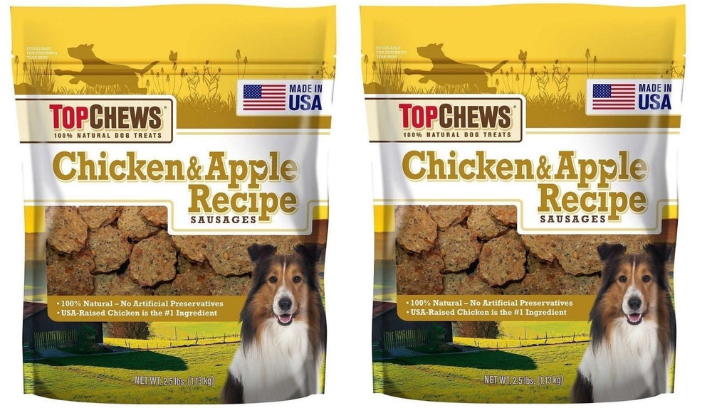 Top Chews salchichas de pollo y manzana, sabor natural para perros activos y felices.