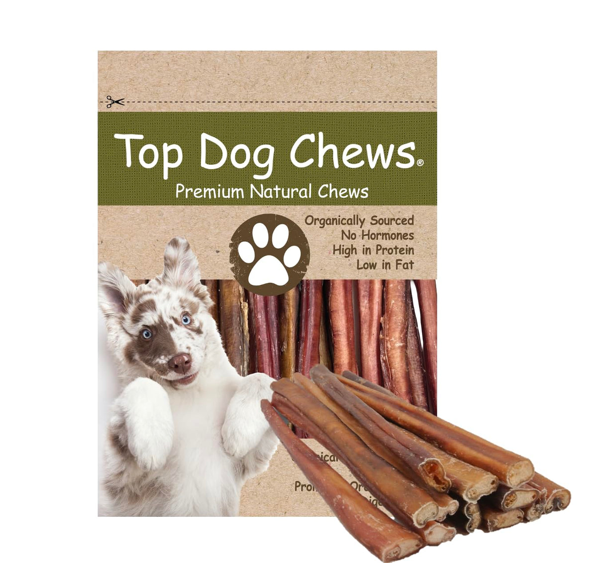 Top Dog Chews palillo bully 12 pulgadas, masticación natural que apoya la salud dental.
