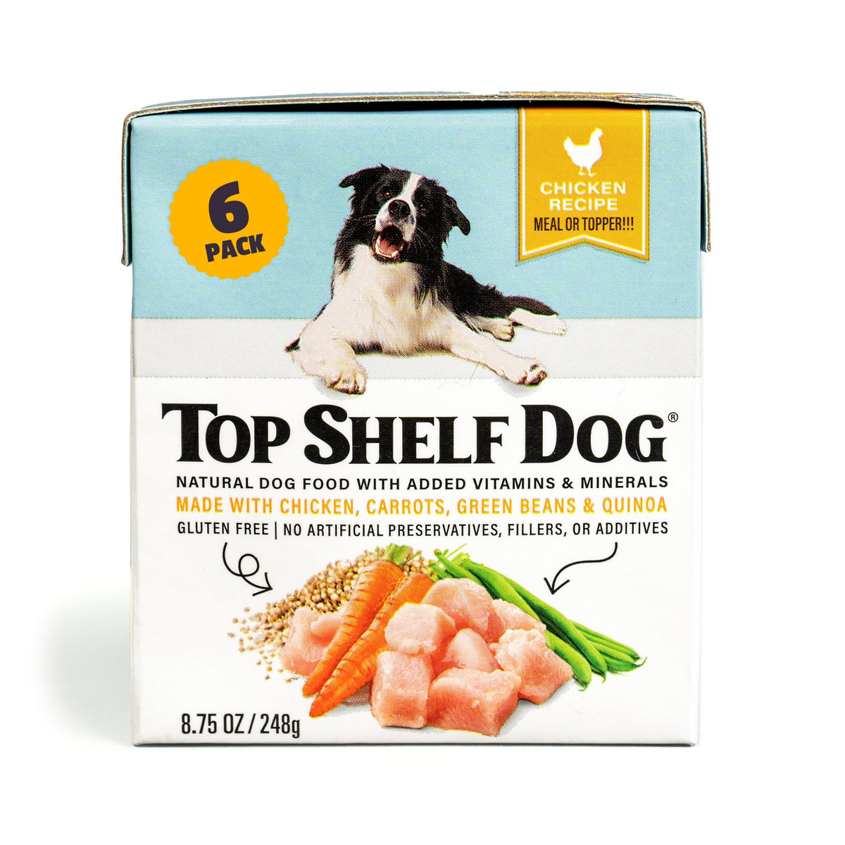 Top Shelf Dog cena pollo en cartón, conveniente para servir sin descongelar.