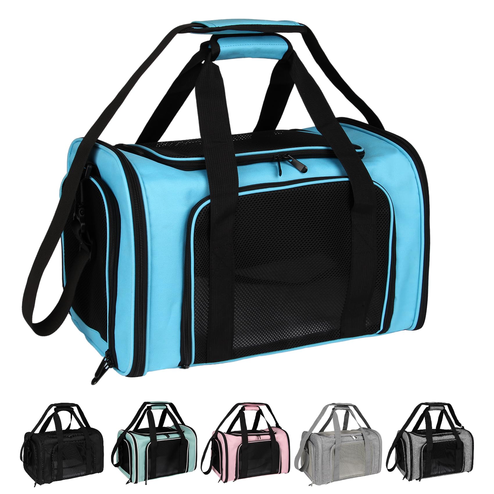 Top Tasta transportín para perros y gatos azul, vista frontal, cómodo y seguro.