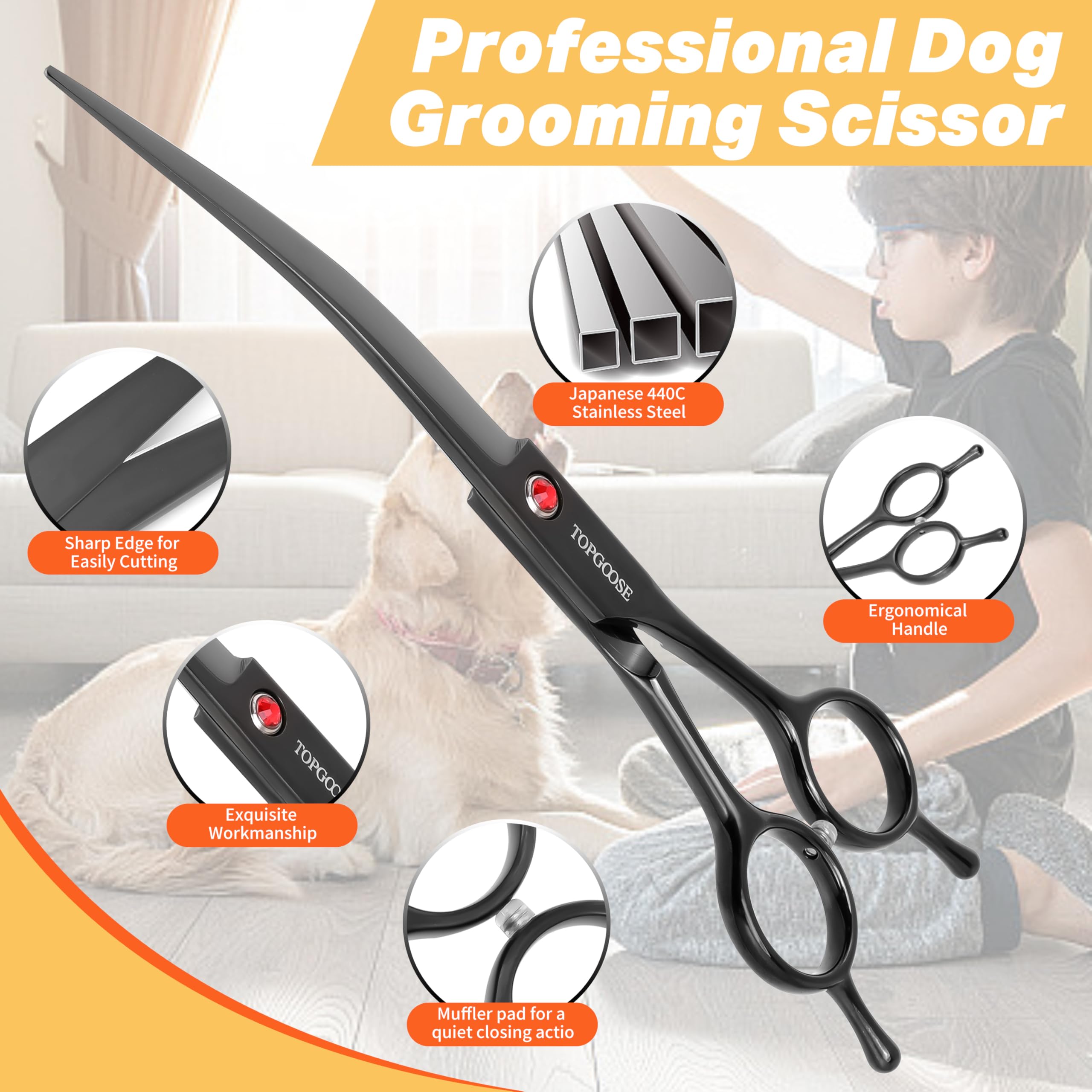 TOPGOOSE tijera con tornillo ajustable, adapta grosor del pelaje para cortes variados.