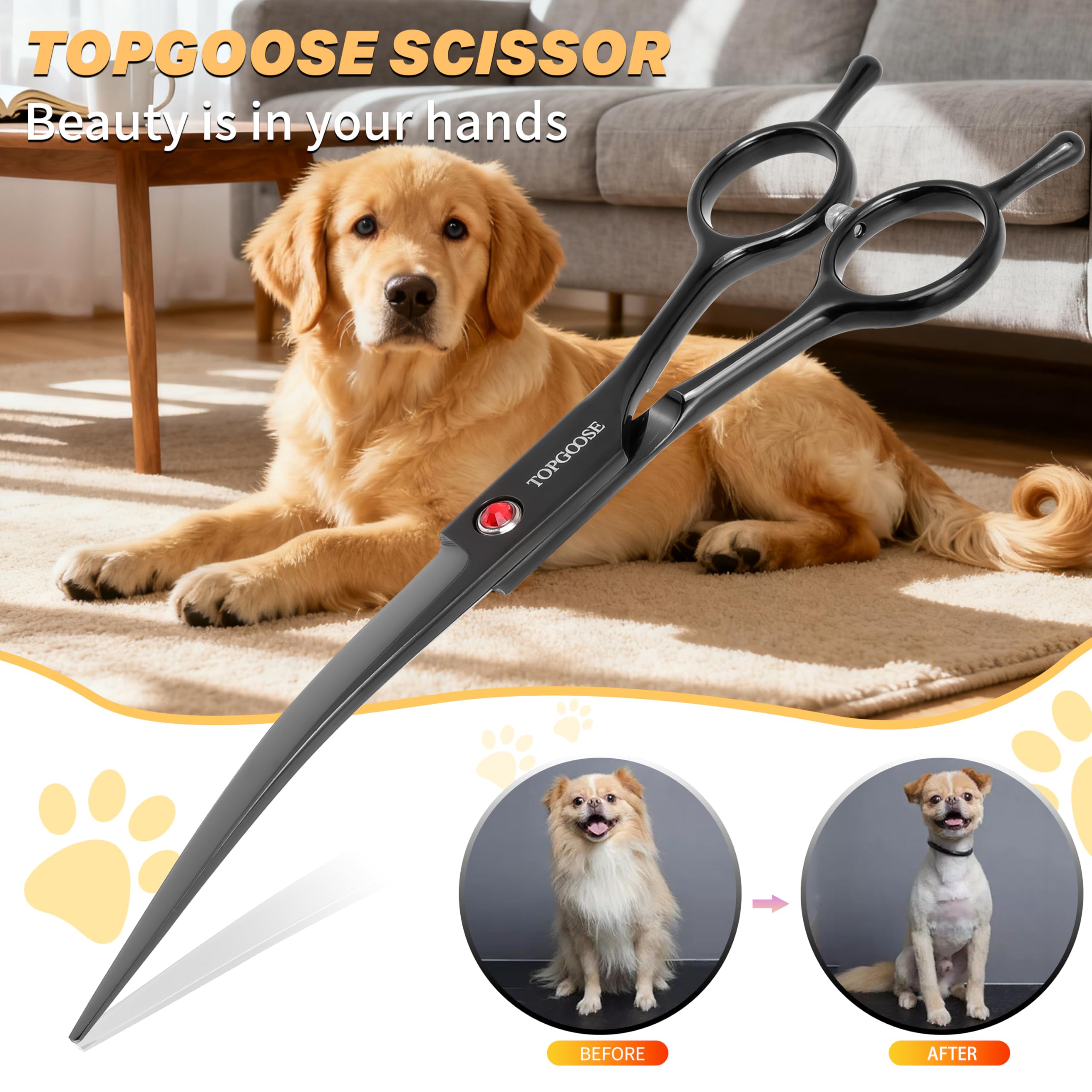 TOPGOOSE tijera mango ergonómico para mascotas, reduce fatiga durante sesiones largas.