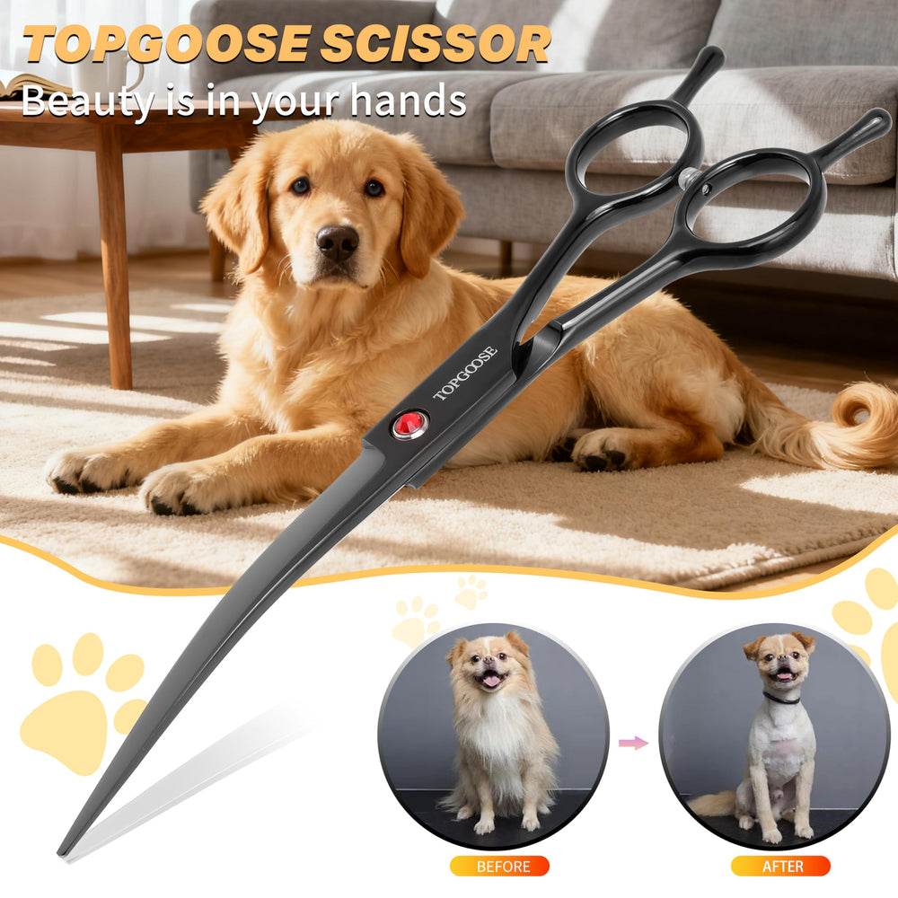TOPGOOSE tijera mango ergonómico para mascotas, reduce fatiga durante sesiones largas.