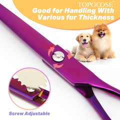 Mango ergonómico de la tijera TOPGOOSE para sesiones prolongadas de cuidado del pelaje.