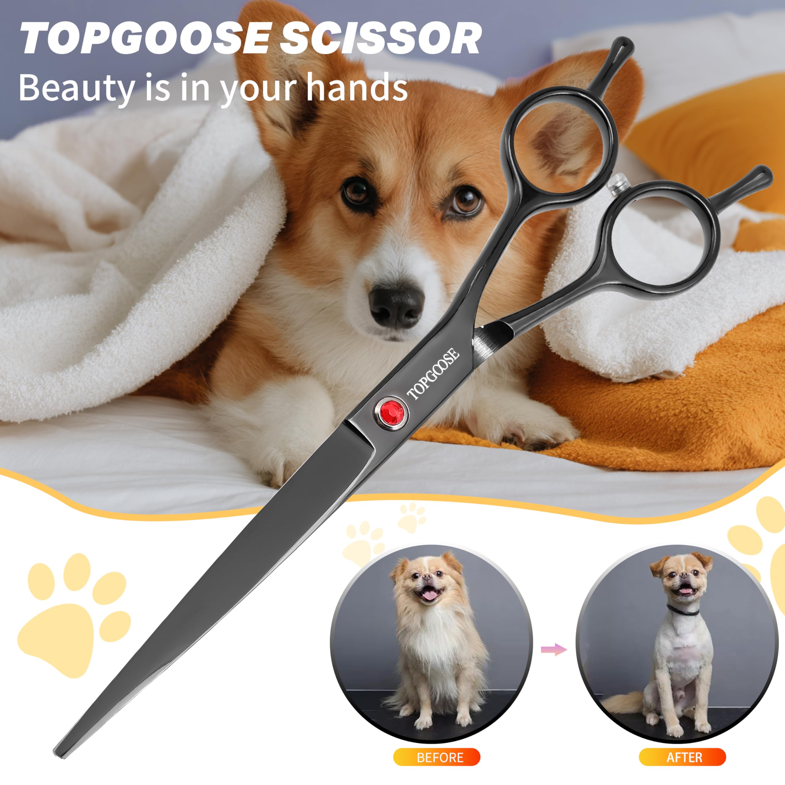 TopGoose tijeras de grooming con mango ergonómico para sesiones largas.