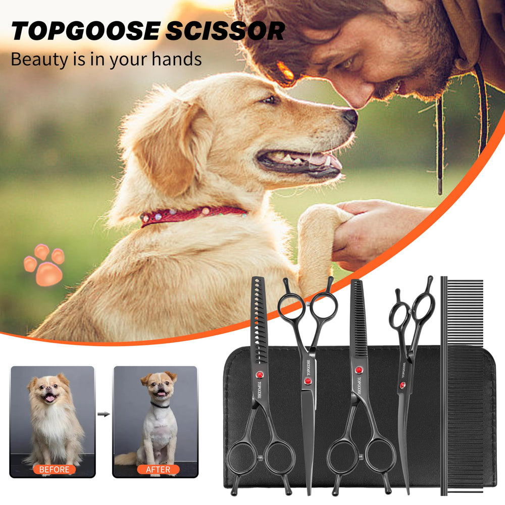 TOPGOOSE tijeras para perros curvas, ergonomía para uso cómodo.