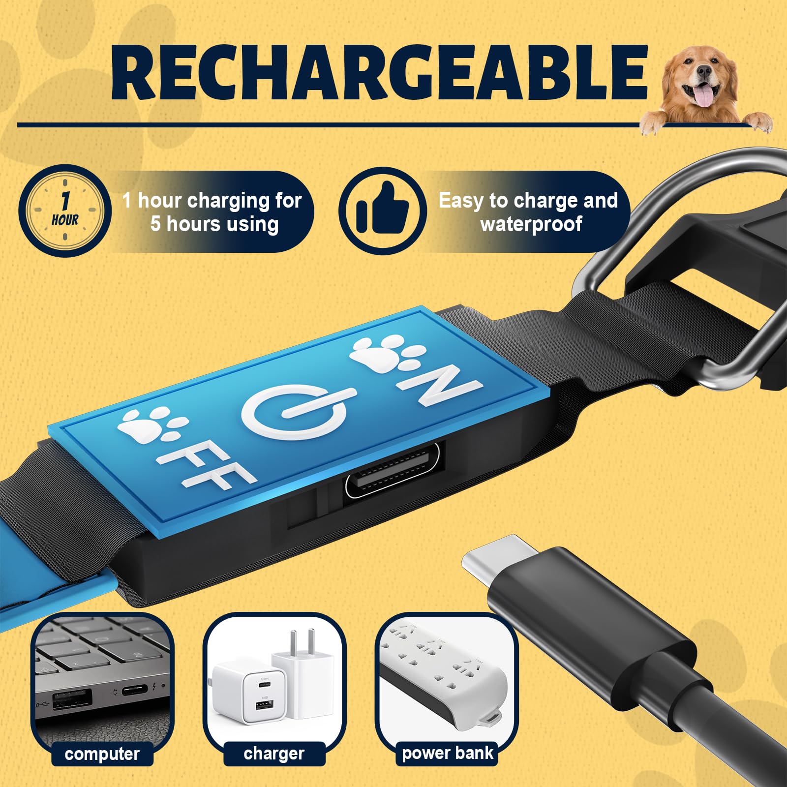 TOPOTO collar recargable USB, carga rápida para caminatas largas