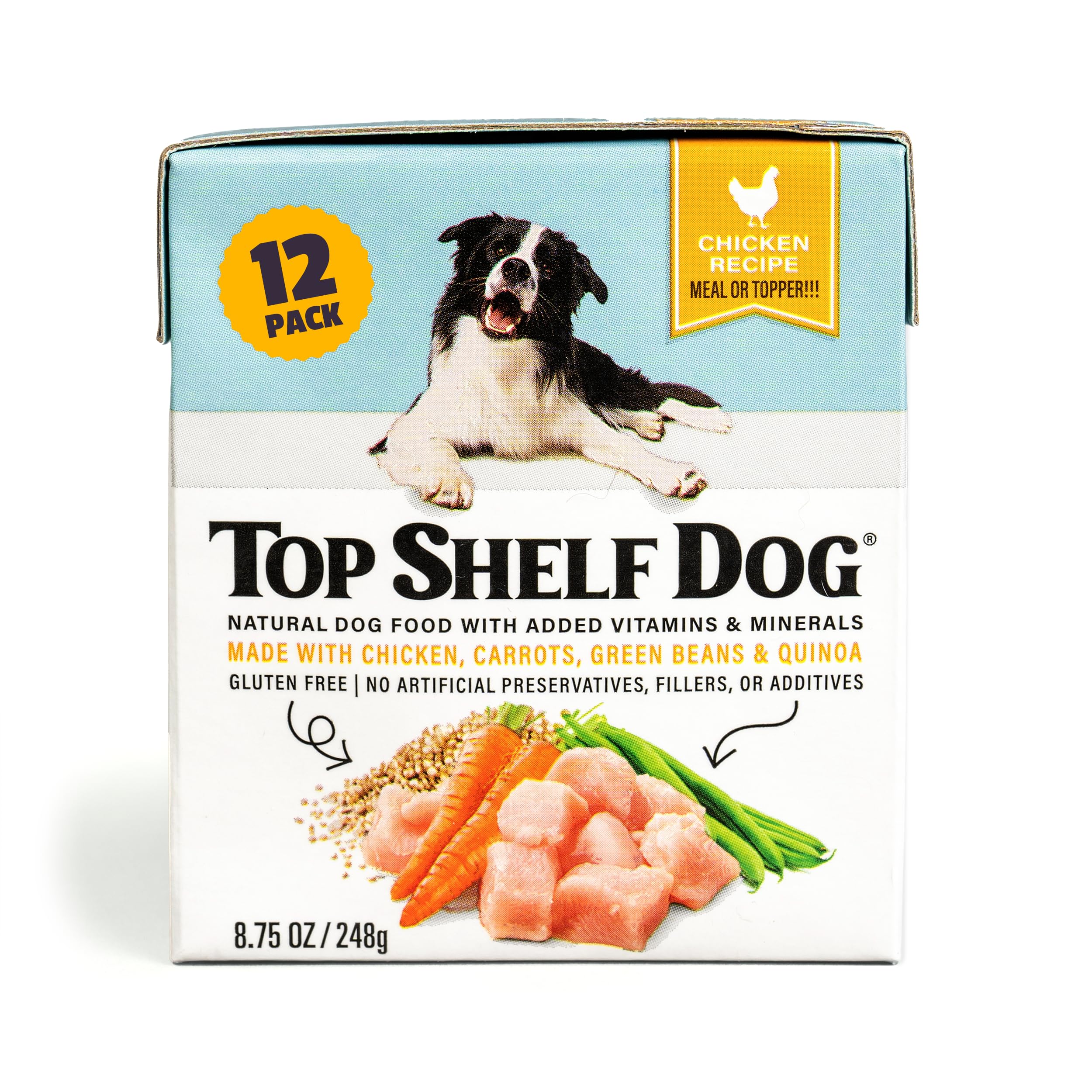 Top Shelf Dog: cena de pollo en cartón 8.75oz, lista para servir sin descongelar