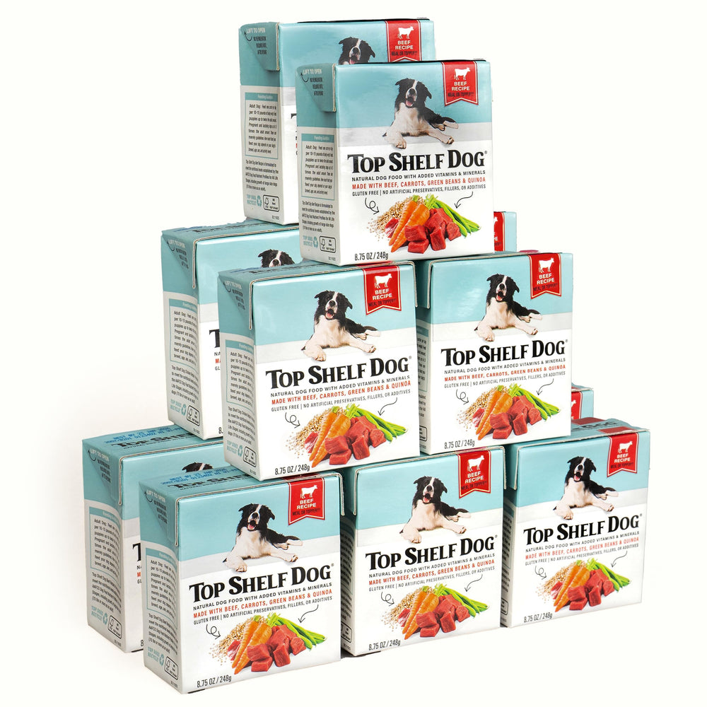 Top Shelf Dog Beef Dinner: ingredientes frescos de res, quinoa, zanahorias y judías verdes.