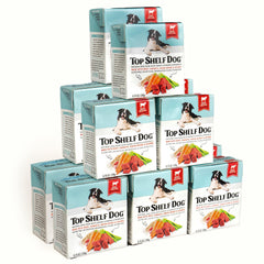 Top Shelf Dog Beef Dinner: ingredientes frescos de res, quinoa, zanahorias y judías verdes.
