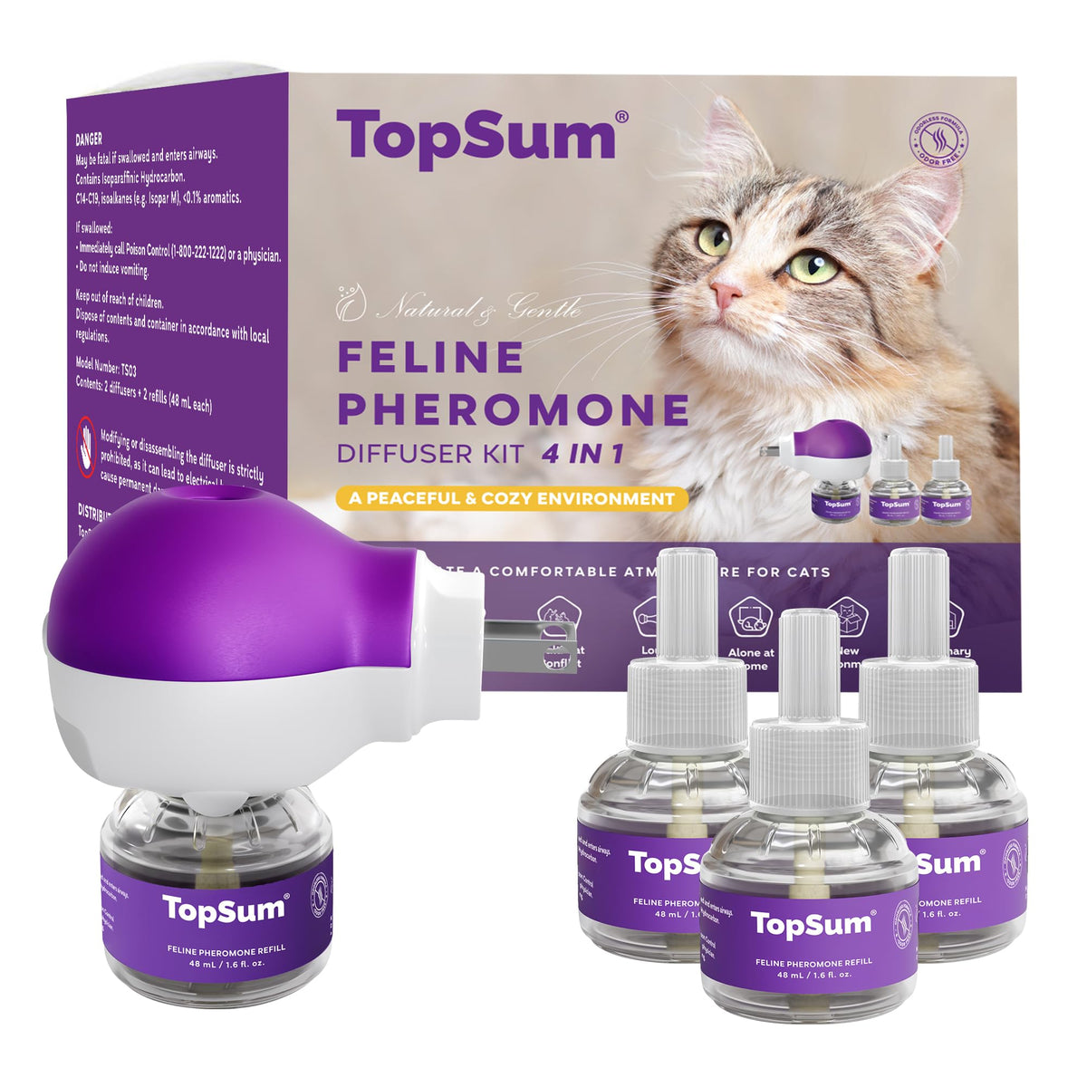 Difusor TopSum para gatos, enfoque relajante para un ambiente más tranquilo.