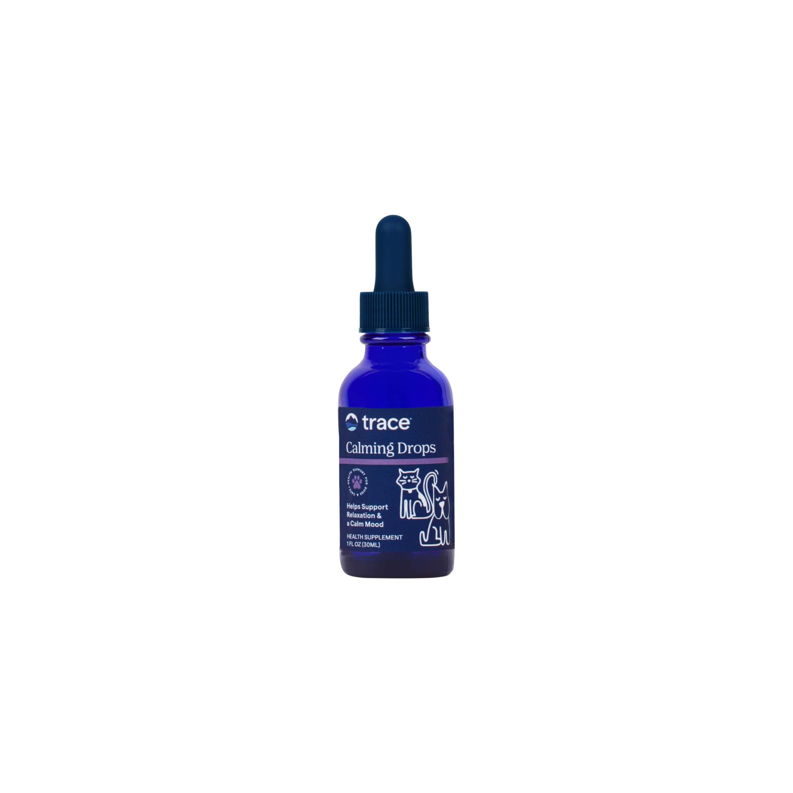 Gotas Trace Minerals para mascotas, botella que sugiere relajación diaria.