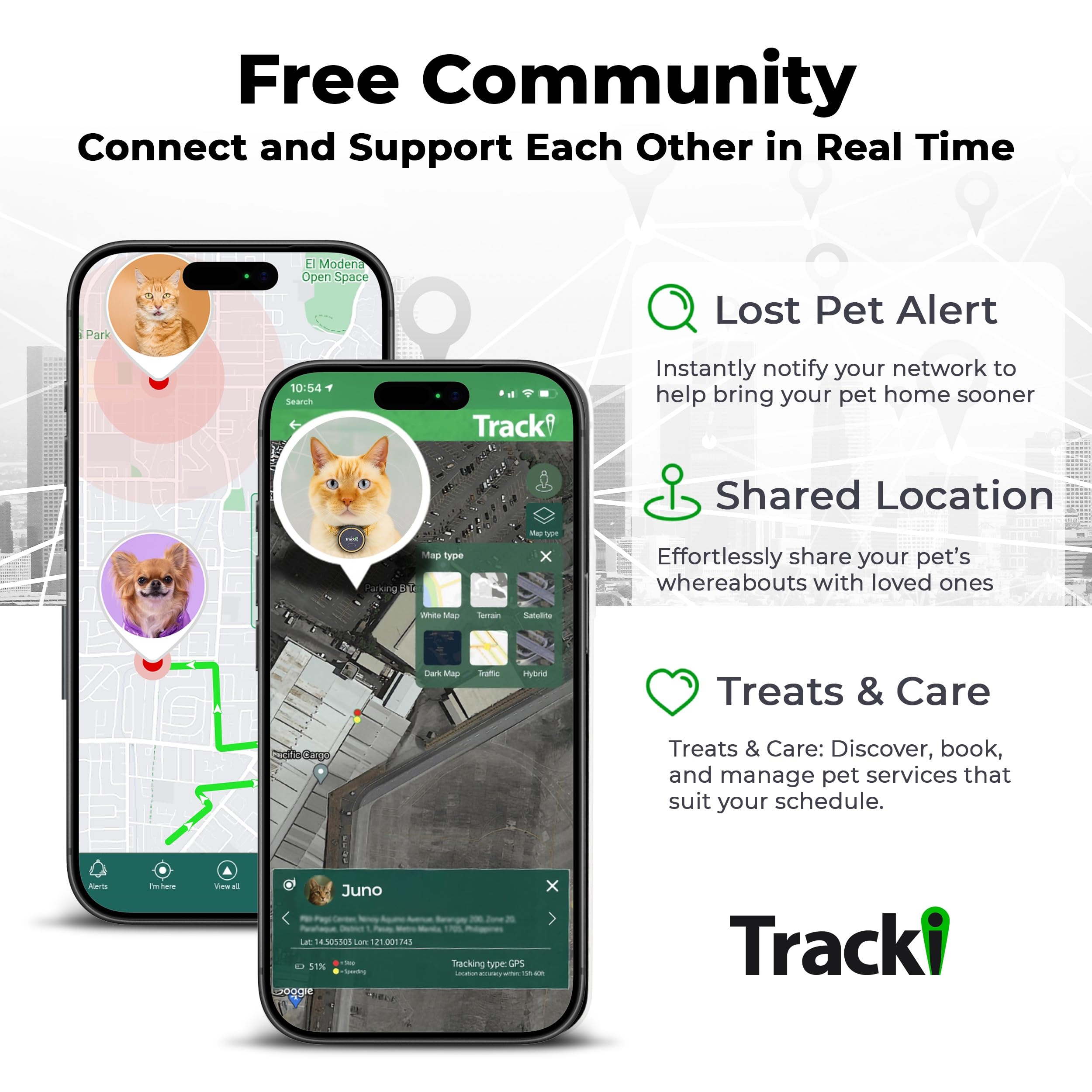 Tracki alertas inteligentes y geocerca para evitar escapadas del gato.