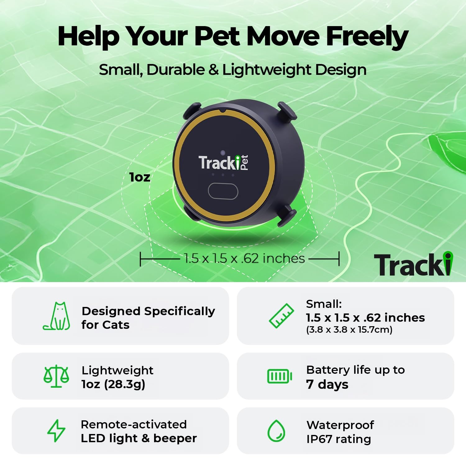 Tracki GPS para gatos, modo Chase en tiempo real para localizar rápido.