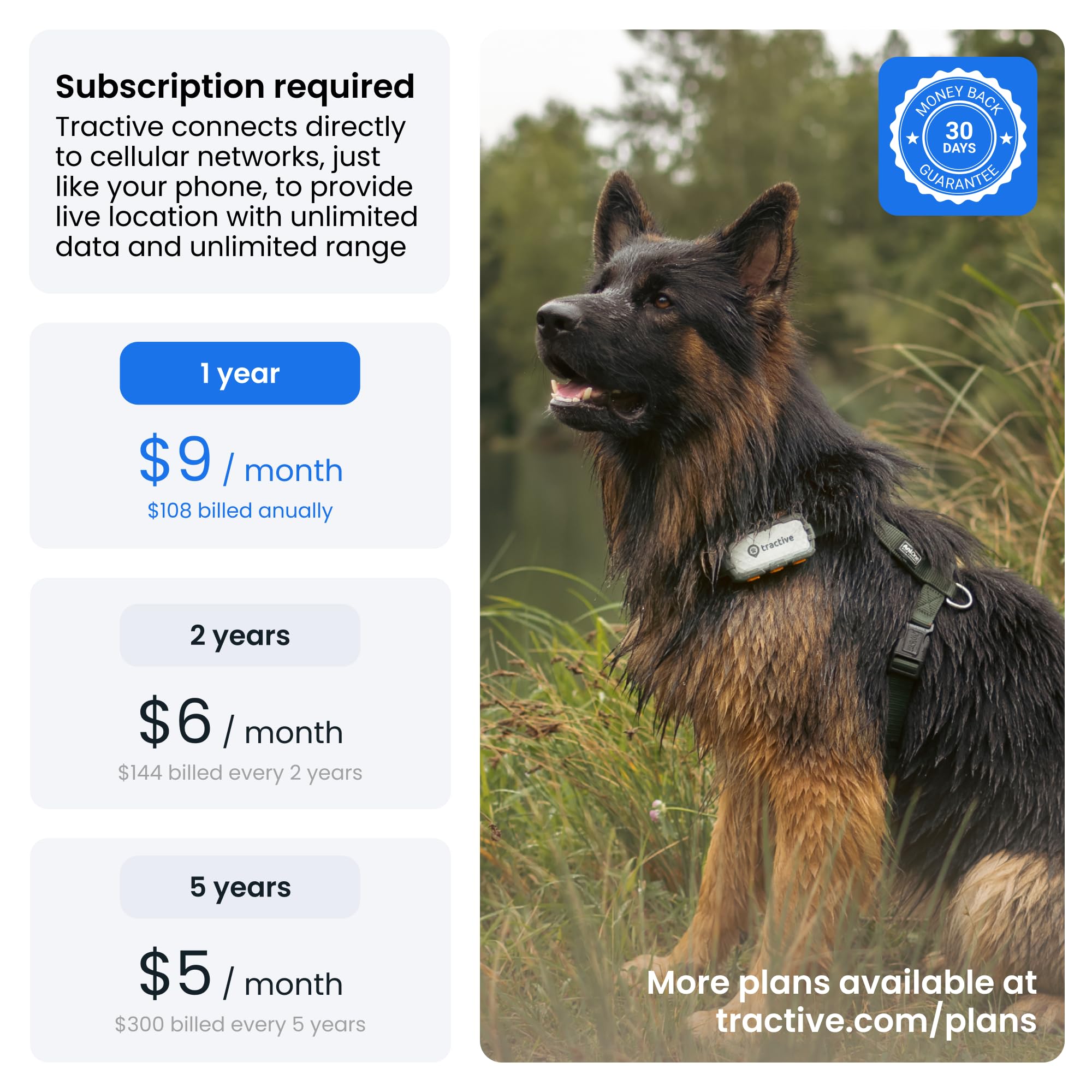 Tractive XL carcasa reforzada de fibra para perro, alta durabilidad.