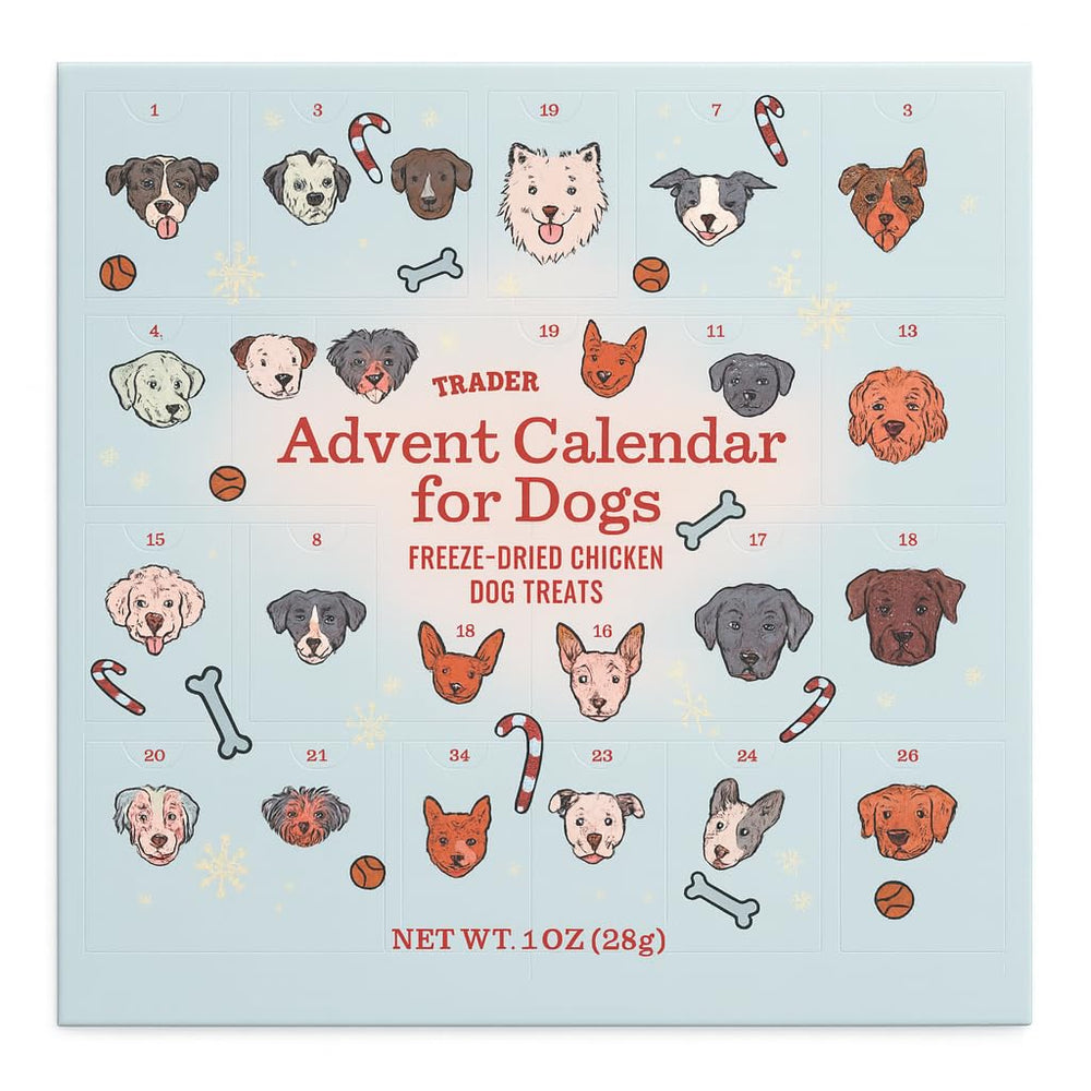 Calendario de adviento Trader Joe para perros con salmón y batata, ideal para diciembre