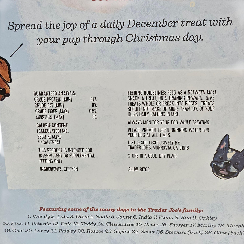 Premios de Trader Joe's para perros: salmón ahumado y patata dulce en calendario